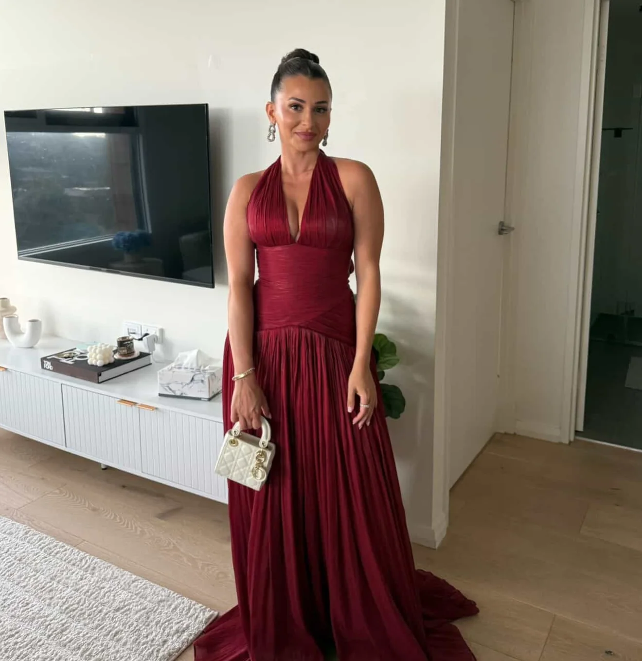 

Msikoods 2026 Halter Evening Dresses Women Customzied Deep V Backless Pleated Long Prom Dress Elegant Ruched Formal Party Gown