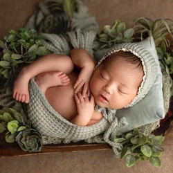 Newborn Photography Props Wrap Hat Set Knitted High Strechable Fabric Photoshoot Accessories Bebe Shooting Cute Bonnet  Blanket