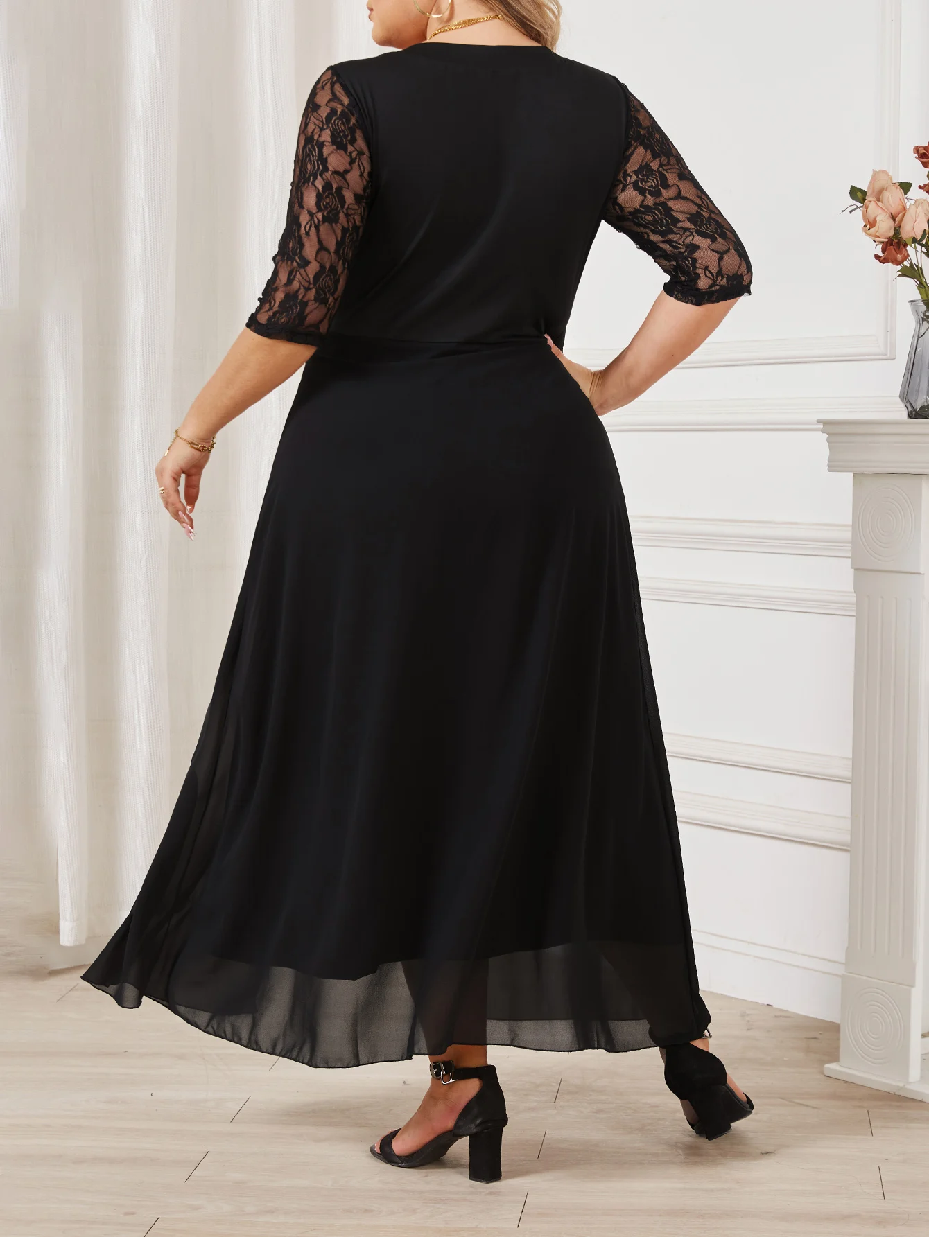 Summer Black Long Dress Female Lace Patchwork See Through Sexy Elegant and Pretty Women\'s Dresses Plus Size Women Clothing