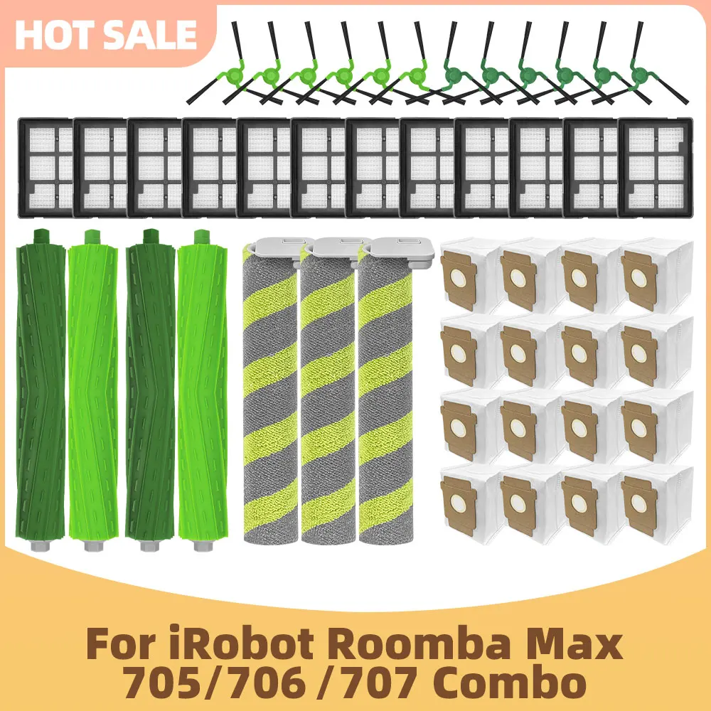 Compatible avec iRobot Roomba Max 705 Combo / 706 / 707 Combo Accessoires Brosse Principale Brosse Latérale Filtre Sac à Poussière Serpillière Pièces de Rechange