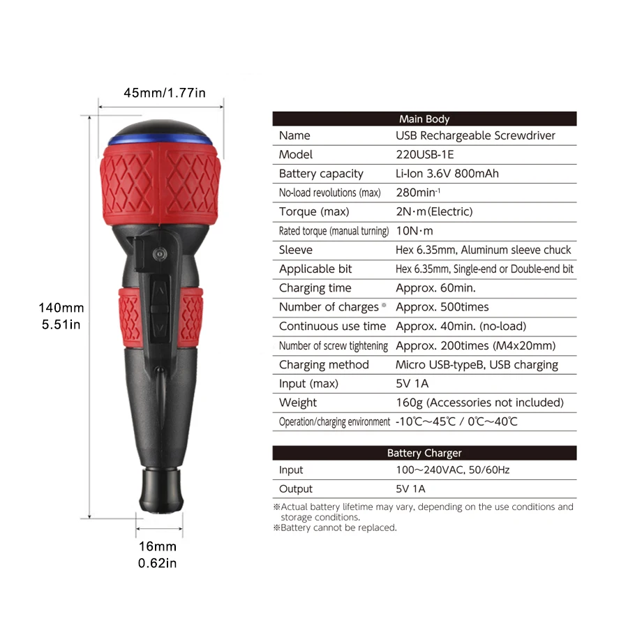 VESSEL 220USB-6C Rechargeable Electric Screwdriver Set with 6 Bits SL/PH Torque Cordless Impact Drill Replaceable Bit Power Tool