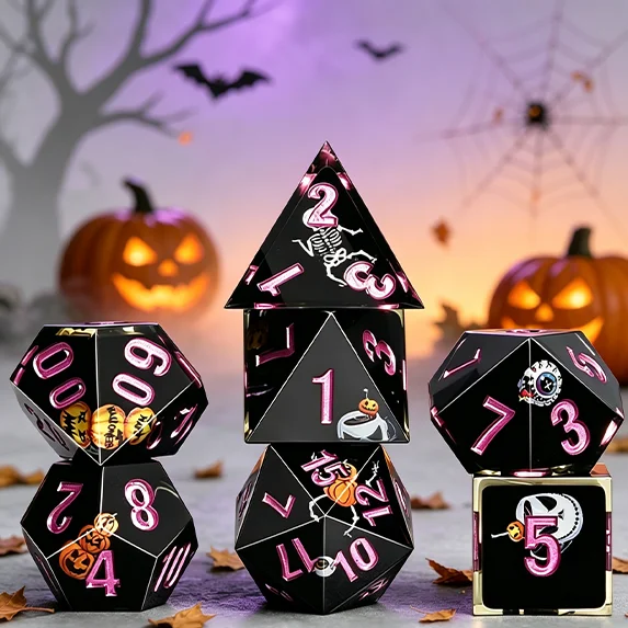 7Pcs Halloween Resin Polyhedral Dice Set, Black Dice w/ Pink Numbers, Pumpkin Skeleton Pattern, RPG Tabletop Board Game Gift