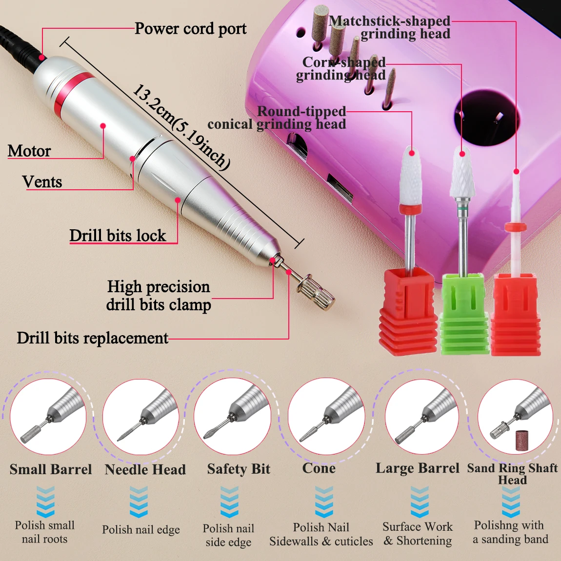 Nuovo set di trapani elettrici professionali per unghie da 45000 giri/min con punte da trapano per unghie da 3 pezzi per lucidatura e lucidatura delle unghie in gel