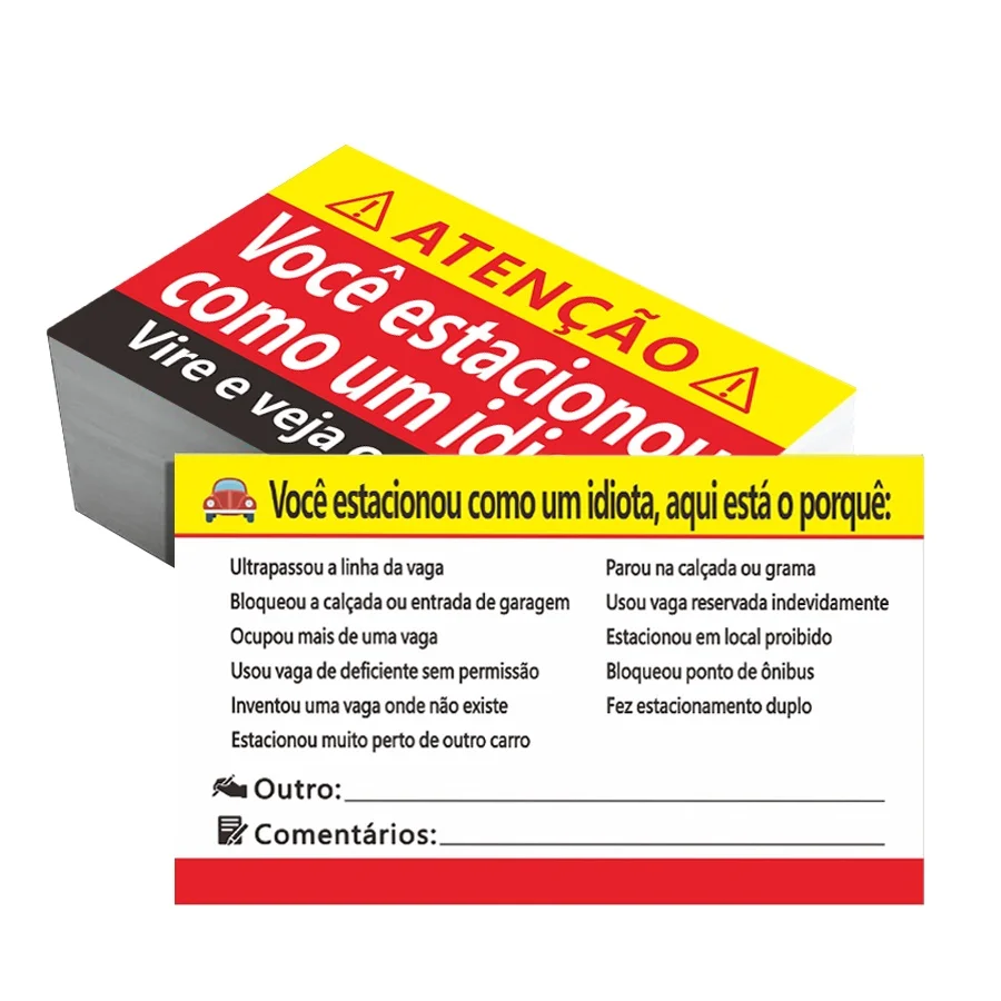 Funny Parking Violation Cards 100 pcs - Humorous Notice for Bad Parking Behavior in Portuguese - Double Sided Paper Card