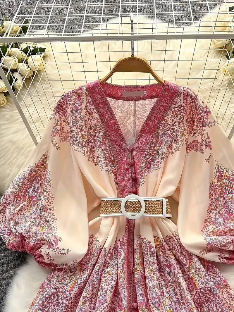 Boho Women's Dress - Vintage V-Neck Ruffled Floral Print Dress with Belt, Lantern Sleeves Button Down Casual Short Summer Dress