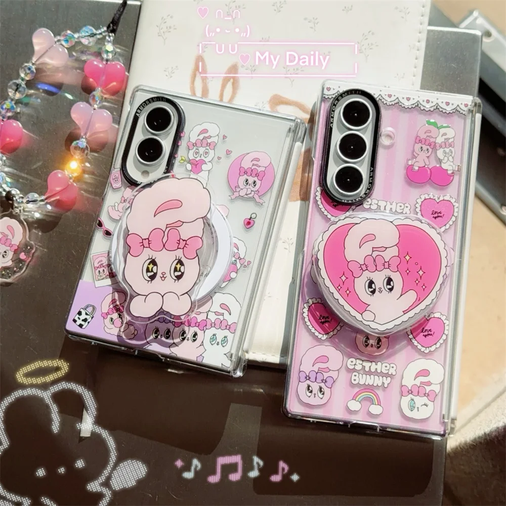 Korean Cartoon Bunny Magnetic Phone case for Samsung Galaxy Z Fold 8 Ultra Fold 7 Fold 7 8 Cover With Magsafe Stand Chain Cases