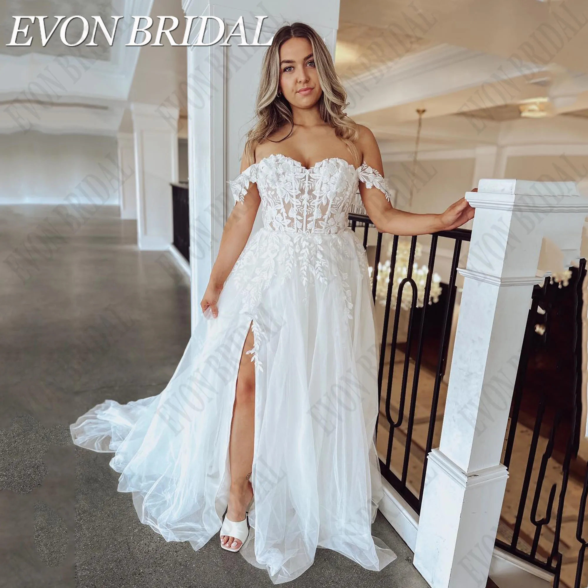 

EVON BRIDAL Sweetheart Plus Size Wedding Dresses Off Shoulder A-Line Applique Bride Gowns Side Split Tulle Vestidos De Novia