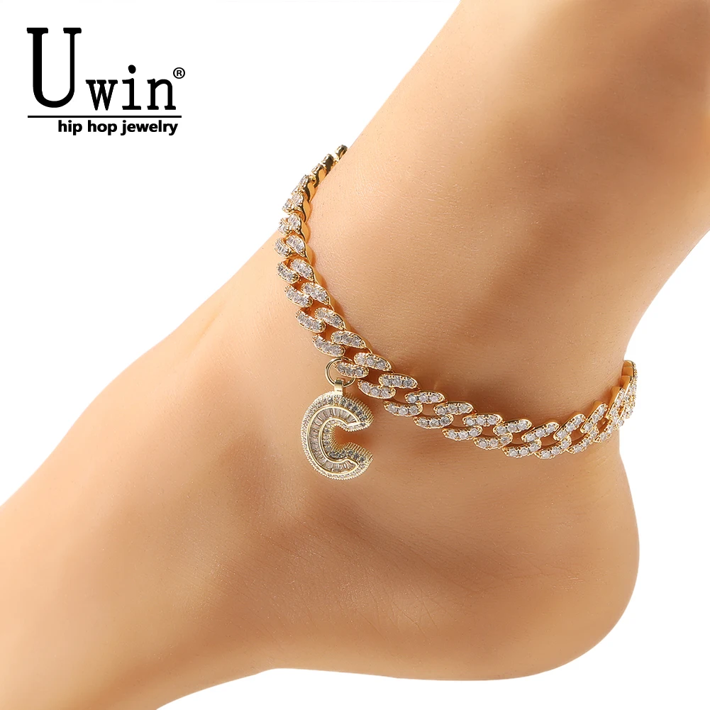 Uwin Custom Initials Anklet With 9mm Iced Out Cuban Link Necklace Plus 2 inch Extension Chain Fashion Charm Jewelry For Women