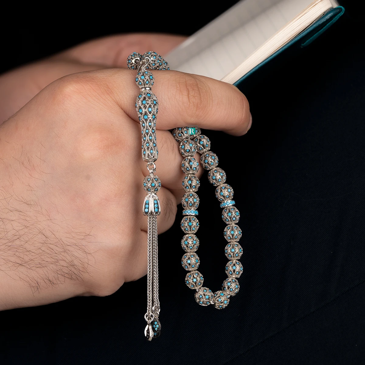 33 Silver Rosary 8-9 mm Tasbeeh Misbaha 925 Sterling Silver Prayer Beads Tasbih turquoise Stone drop decor tassel High Quality