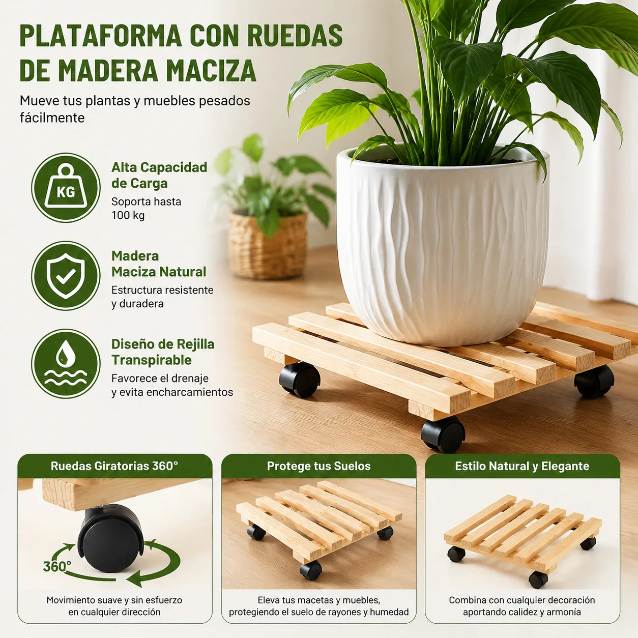 Support de pot de fleurs mobile en bois naturel avec roulettes rotatives à 360° °   Chariot à plantes carré avec capacité de 100 kg, support roulant pour utilisation intérieure et extérieure