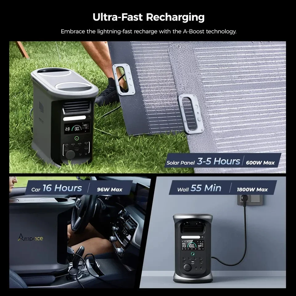 Ampace Andes 1500 3600W Pure Sine Wave محطة طاقة محمولة 1462Wh Lifepo4 سعة مولد الطاقة الشمسية شحن كامل في 55 دقيقة