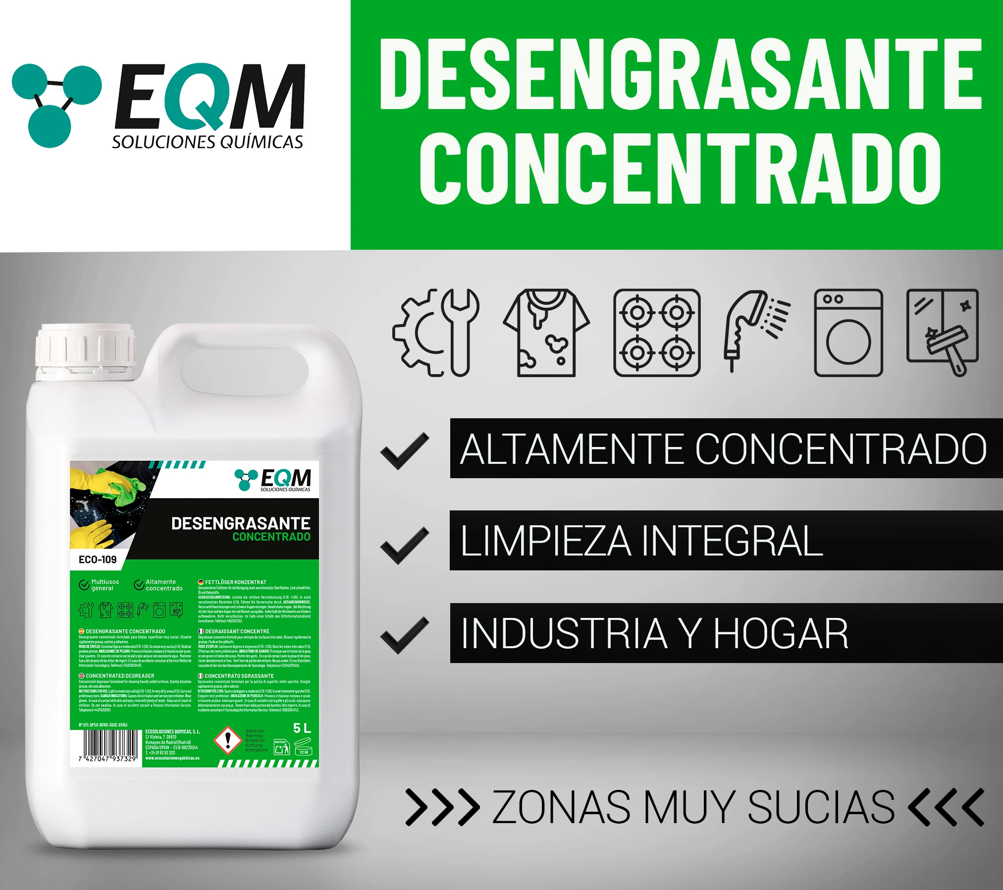 Professional concentrate degreasant | Special kitchen, motors, machinery, etc. | 5 L | ECO-109 | EQM chemical solutions