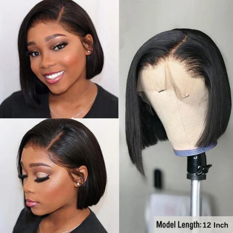 100% Remy Human Hair Wigs for Black Women Short Straight Black Lace Frontal Wigs Side Part Natural Human Hair Bob Wigs