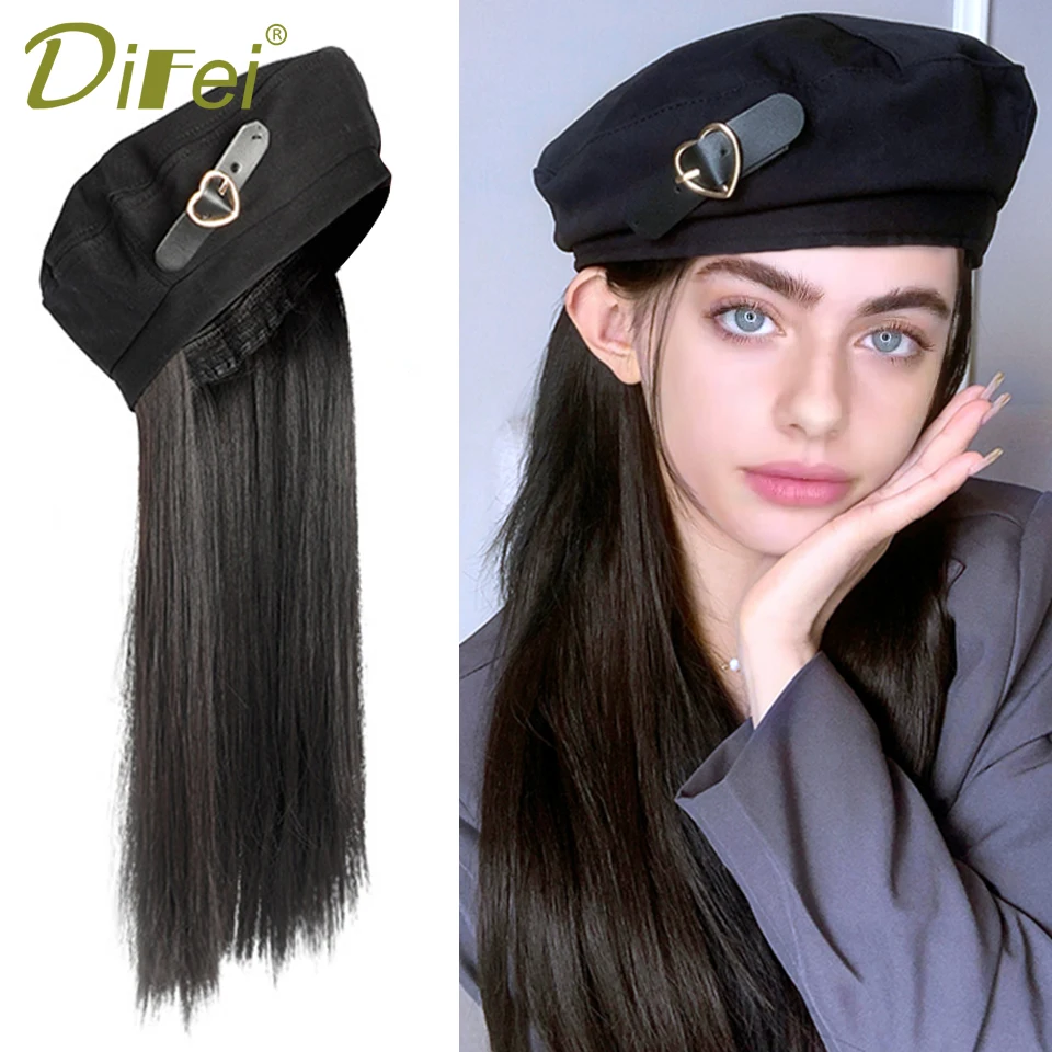 Berets Hat With Hair Wigs Synthetic Long Straight Fake Hair Hat Wig Autumn Winter Warm Cap Wig Black Cap With 50cm Long Hair Wig