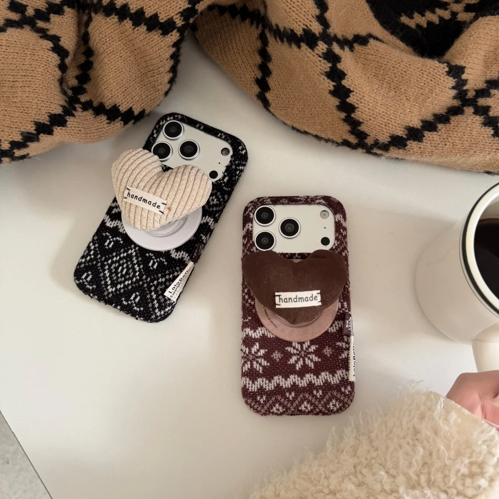 

Fashion velvet cute love with for magsafe holder phone case for iPhone17 16 ProMax13 14 15 Pro fundas retro new shockproof cover