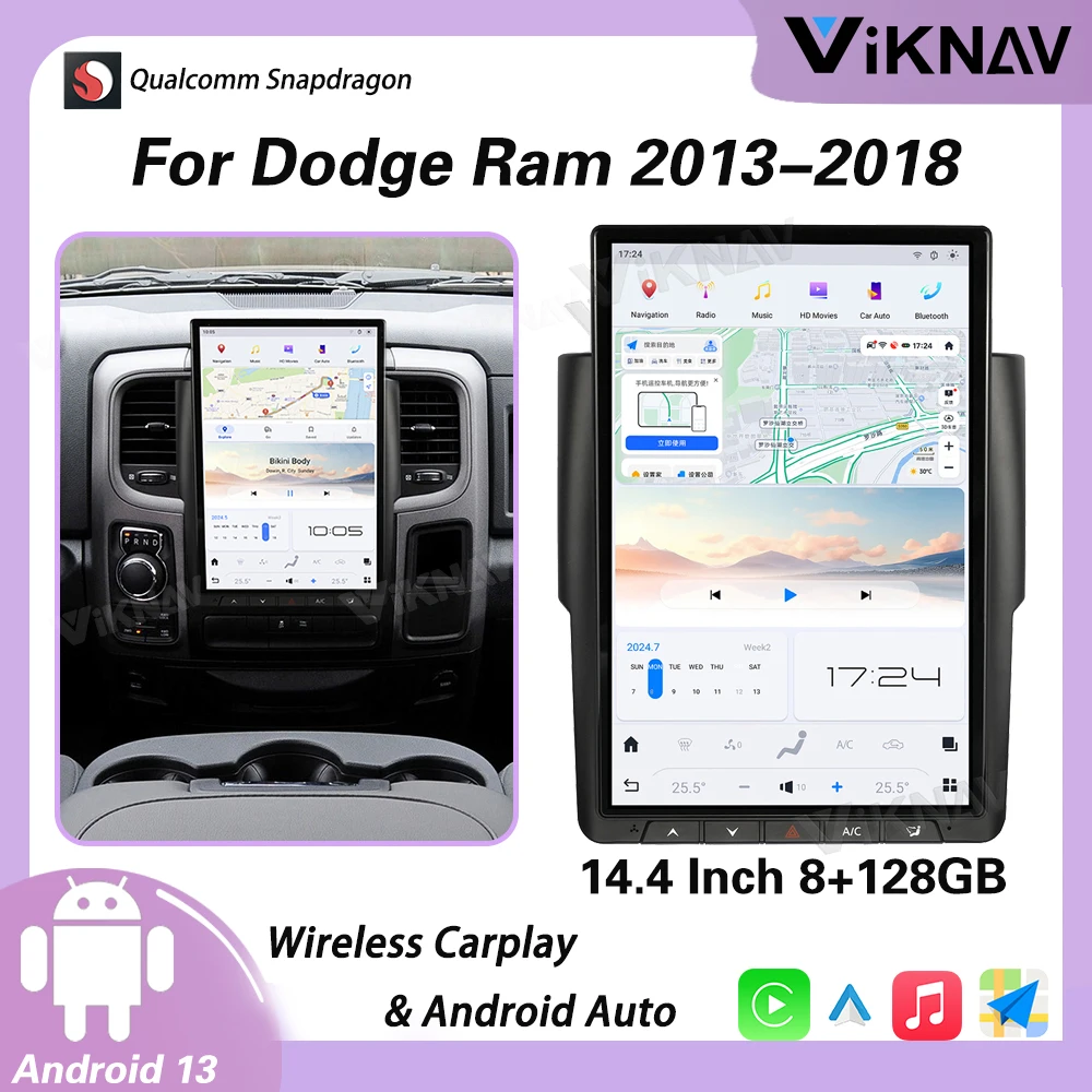 

Viknav 14.4 Inch Car radio For Dodge RAM 2013-2018 Wireless Carplay Android Auto GPS Navigation Multimedia Player Head Unit