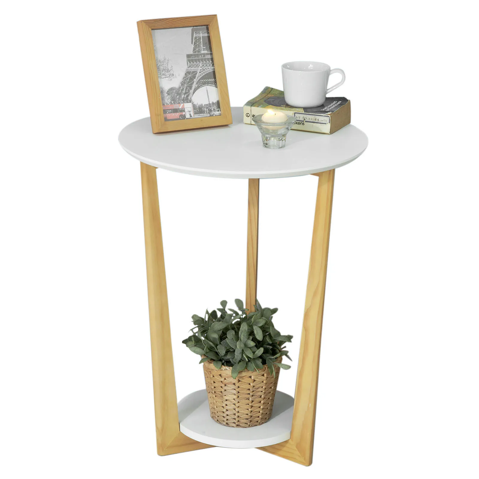 SoBuy FBT52-WN mesa auxiliar con 2 estantes mesa de centro mesa de centro Mesa de balcón Blanco-naturaleza, BHT aprox. : 45x60x45cm