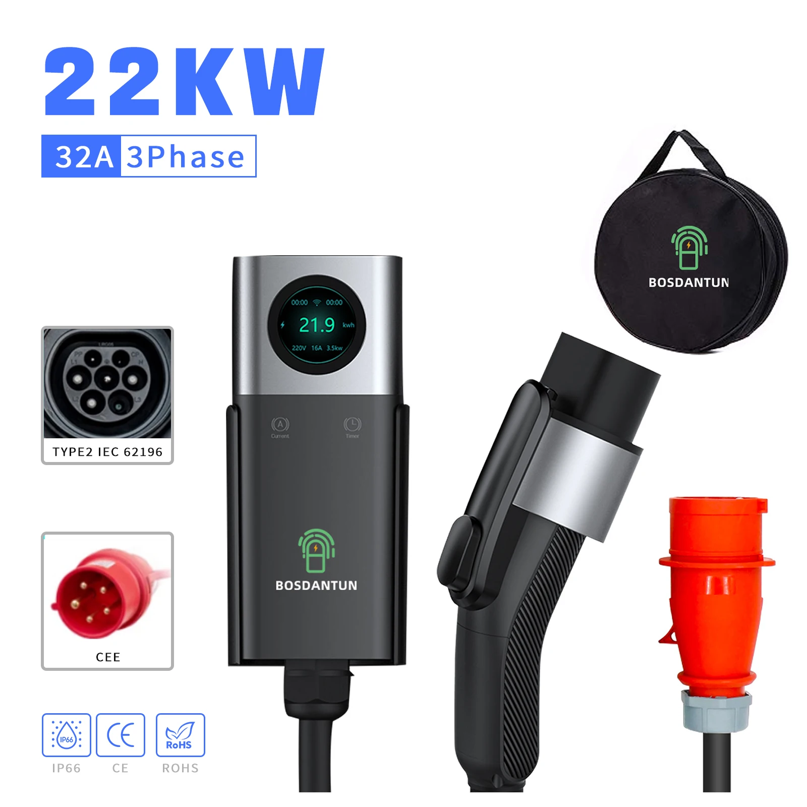 BOSDANTUN Electric Car Charger 22kw Type 2 32a Portable ev charger 5M cable Car Fast Charger 2.8in touch screen