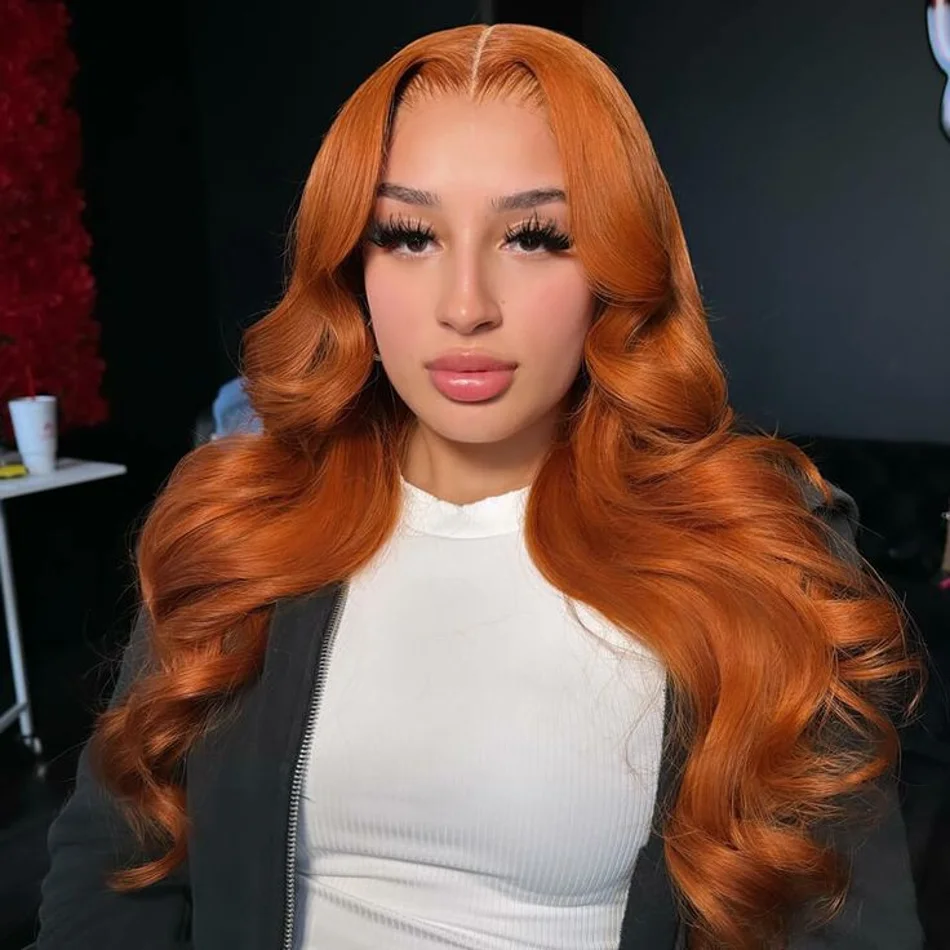 Wig rambut manusia renda depan 13x6 HD gelombang tubuh longgar jahe oranye Wig keriting renda depan 30 inci Wig tanpa lem berwarna untuk pilihan