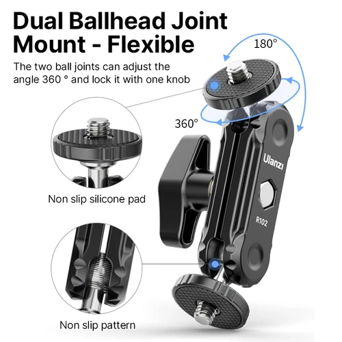 Imagen 2 del producto Brazo mágico de cabezas de bola dobles de metal Ulanzi R102 con 360 ° Soporte extensible de tornillo de 1/4 pulgadas para trípode de micrófono de vídeo con monitor de cámara DSLR