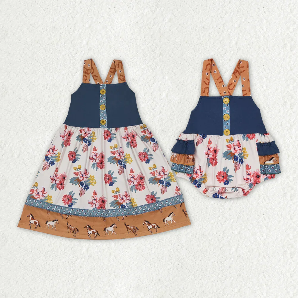 

Summer Fashion Baby Girls Western Horse Flowers Sibling Sister Rompers Dresses Wholesale Boutique Fashion Children Clothes