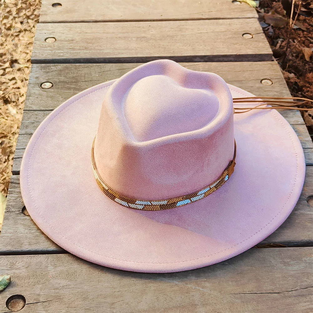 Sombrero de gamuza con corona de corazón personalizado, sombrero de gamuza fedora para mujer, ala ancha de 9,5 cm, venta al por mayor, sombrero panamá, sombrero unisex para hombre