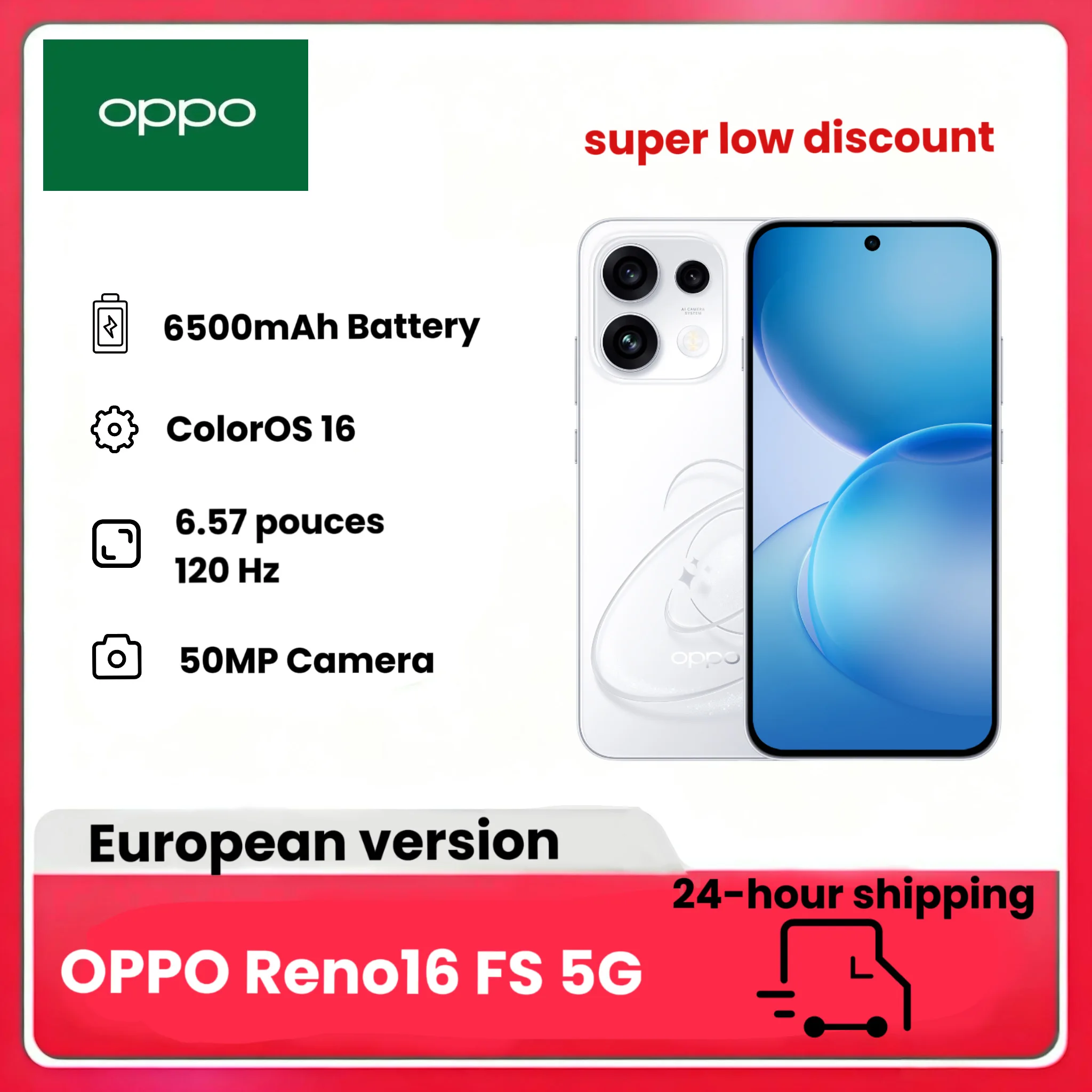 OPPO Reno16 FS 5G ontgrendelde smartphone, 8+512GB, 50MP ultragroothoek selfiecamera, 4K video met automatische adresselectie, 6,57" 120Hz display, IP69K, (exclusief oplader)