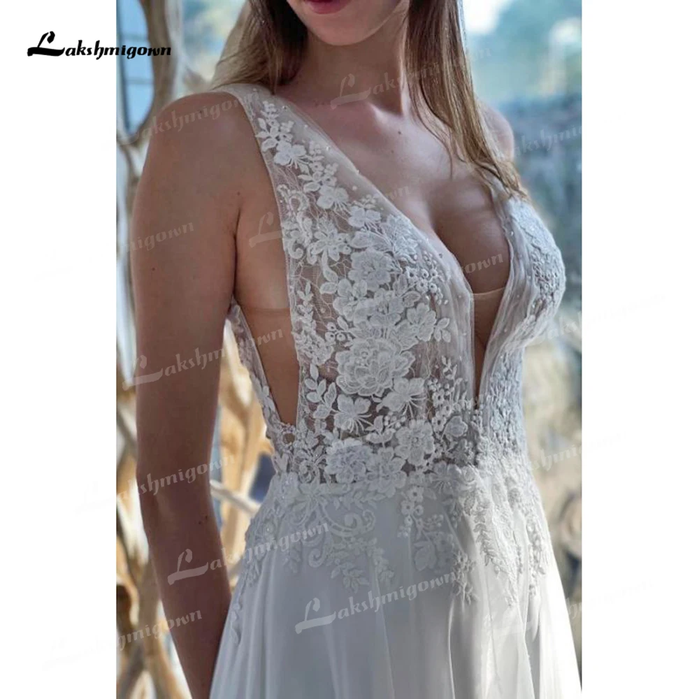 Boho V Hals von der Schulter sexy offenen Rücken Knopf Spitze Applikationen eine Linie Brautkleid für Frauen Brautkleid Sweep Vestidos Robe