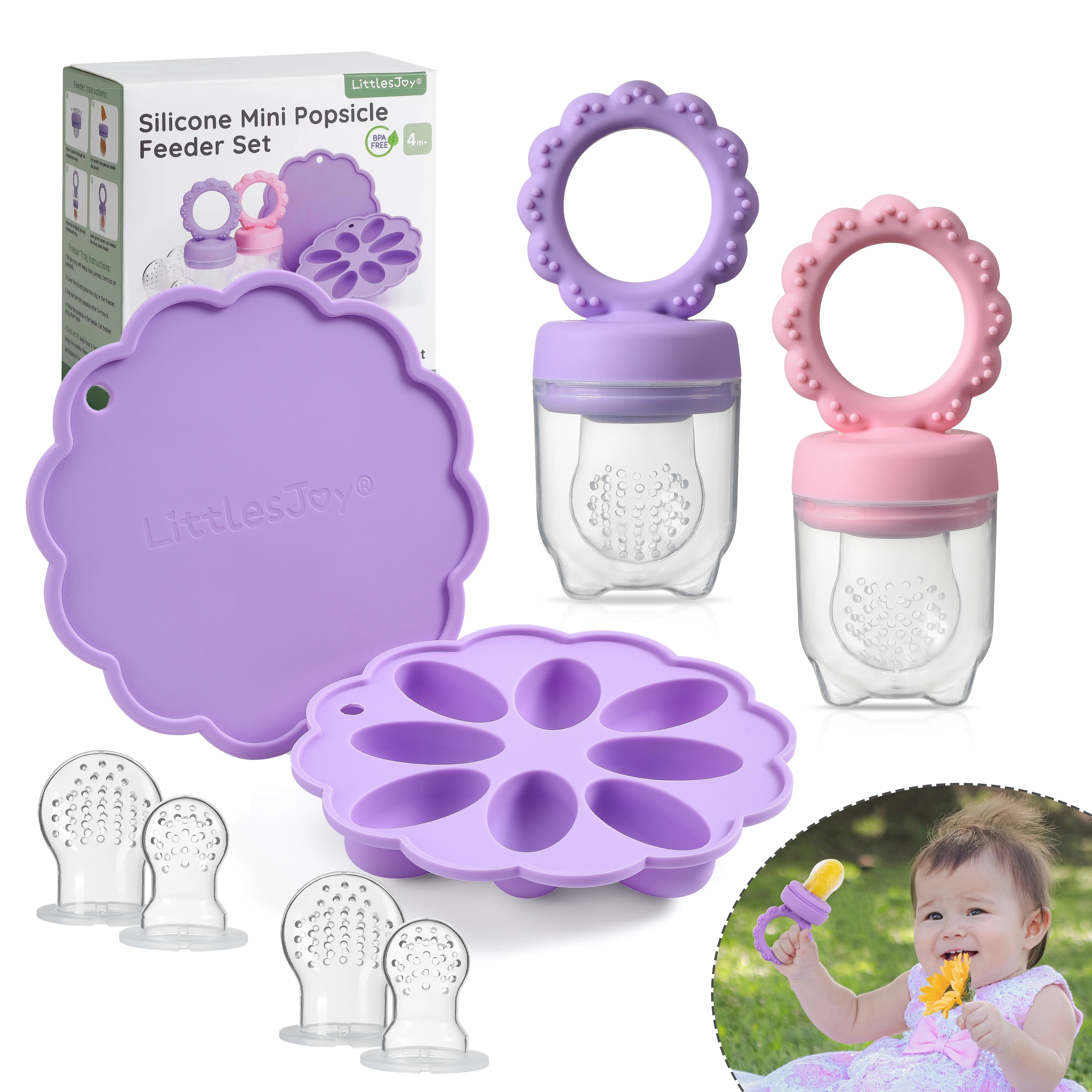 

1 set-Sunflower Baby Fruit Feeder Set Silicone Mold Ice Cream Maker 2 Popsicle Molds 1 Tray Baby Feeder With Nipples