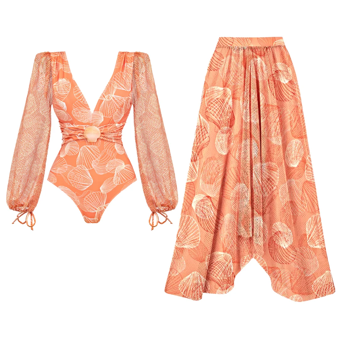 2024 New Fashion V Neck Shell Print Decoration Long Sleeve One Piece Swimsuit and Skirt Summer Swimwear Women Beachwear Bathi