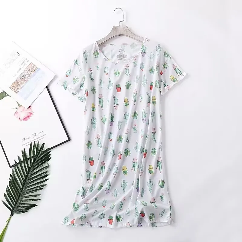 2024 Summer Female Casual Flower Print Sleep Dress Ladies Knit Cotton Nightgown Women Short Sleeve Plus Size Home Dresses M-XXXL