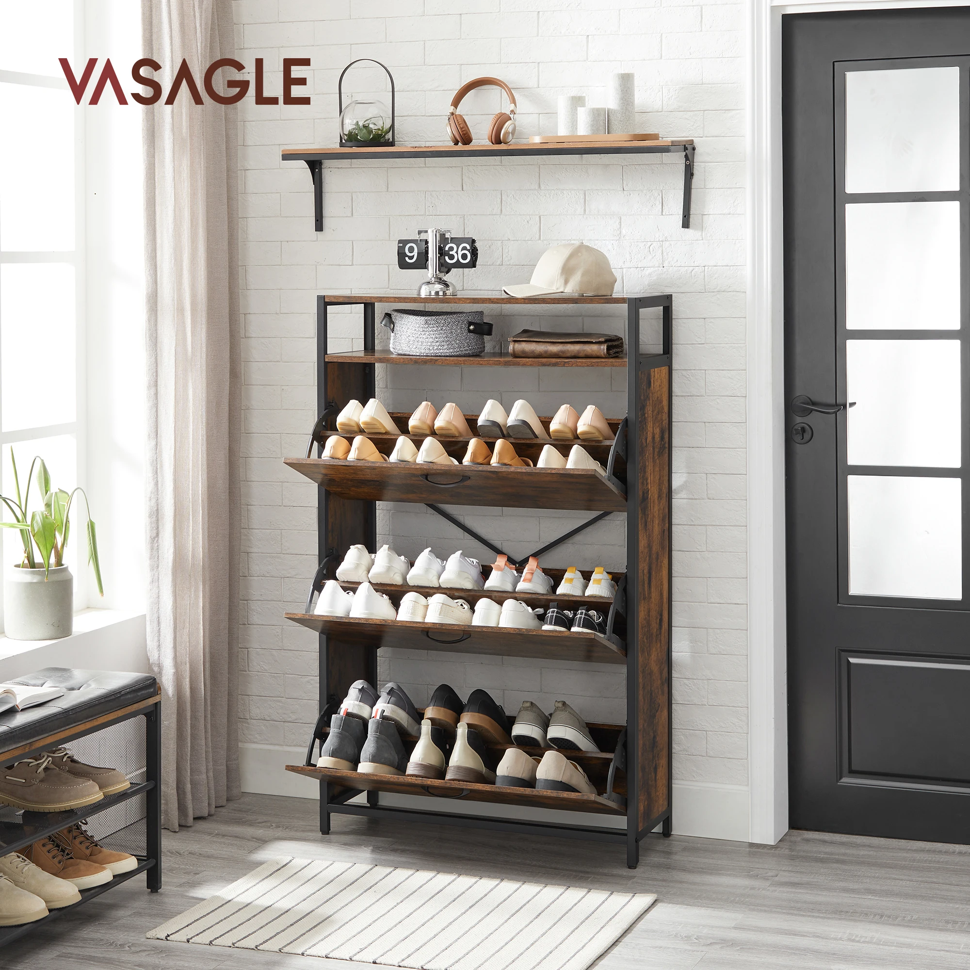 VASAGLE Schuhschrank mit 3 Klappen, Schuhregal, Schuhkipper, Schuhkommode mit 3 Fächern, Schuhablagen, im Flur