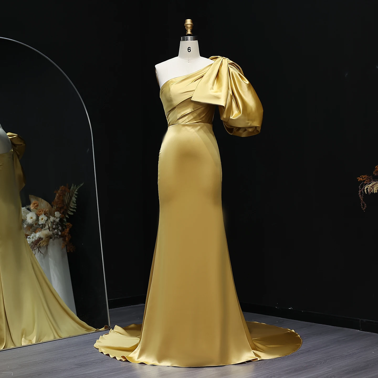

Sharon Said Arabic Gold One Shoulder Mermaid Evening Dress with Bowknot Long Dubai for Women Wedding Party Gown SF134 Customized