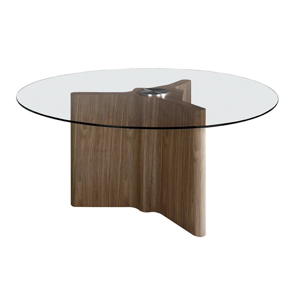 1098 dining table modern design round dining table with 10mm tempered glass fixed top and polished edges. Its original solid pine wood base with natural walnut veneer 0.5mm thick