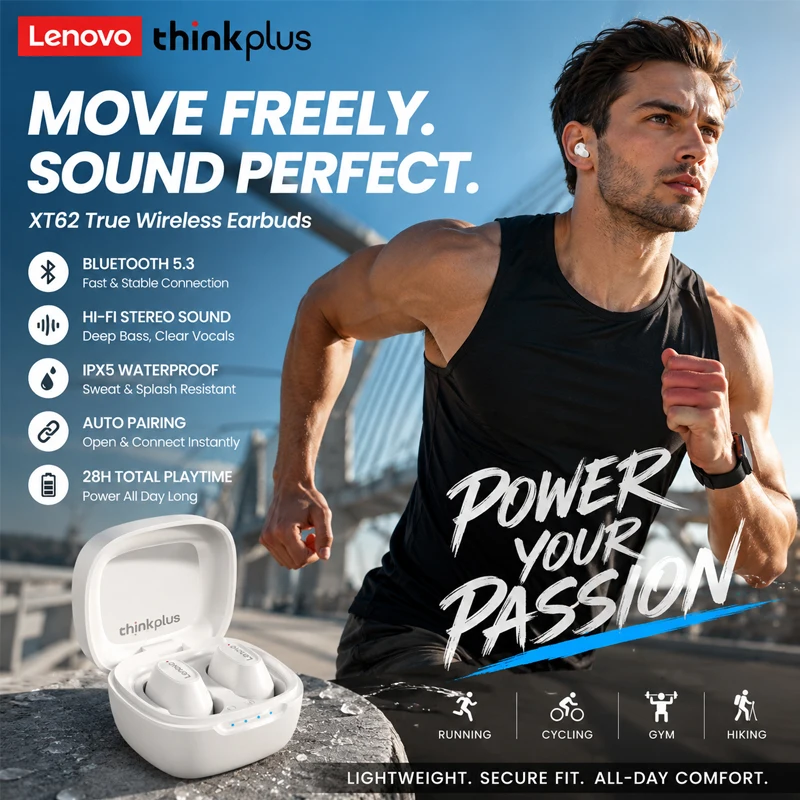“Lenovo XT62 TWS True Wireless  Earbuds Bluetooth 5.3 Active Noise Canceling Touch Control Stereo Sound 30H Battery Gaming Mode”