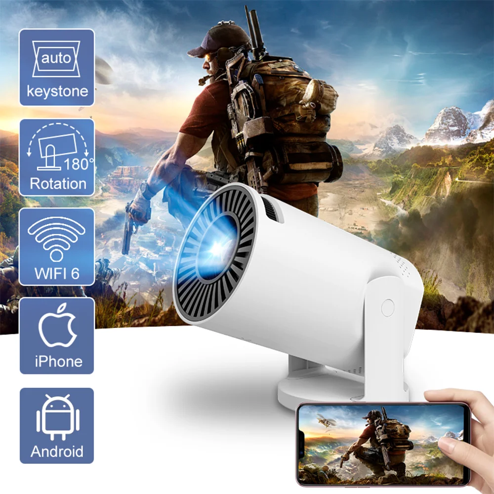 Proyector HD portátil Mini proyector inalámbrico para teléfono inteligente WiFi6 Auto Keystone 180 ° Proyector de vídeo LED flexible para cine en casa