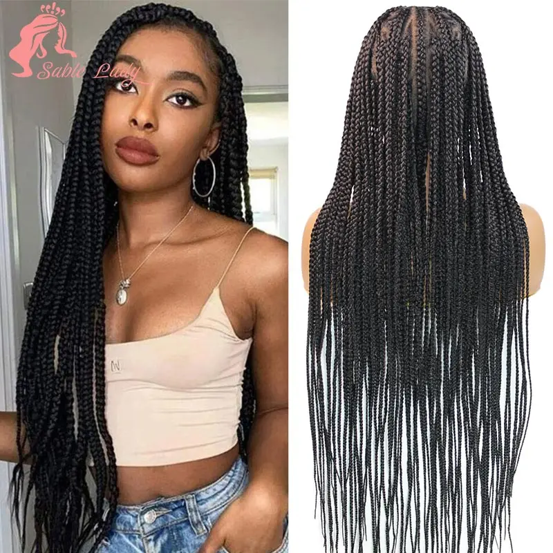 Wig renda panjang 36 inci sintetis Wig rajutan tangan bentuk hati tanpa simpul 360 "Wig dewi kepang bagian cornrow renda penuh