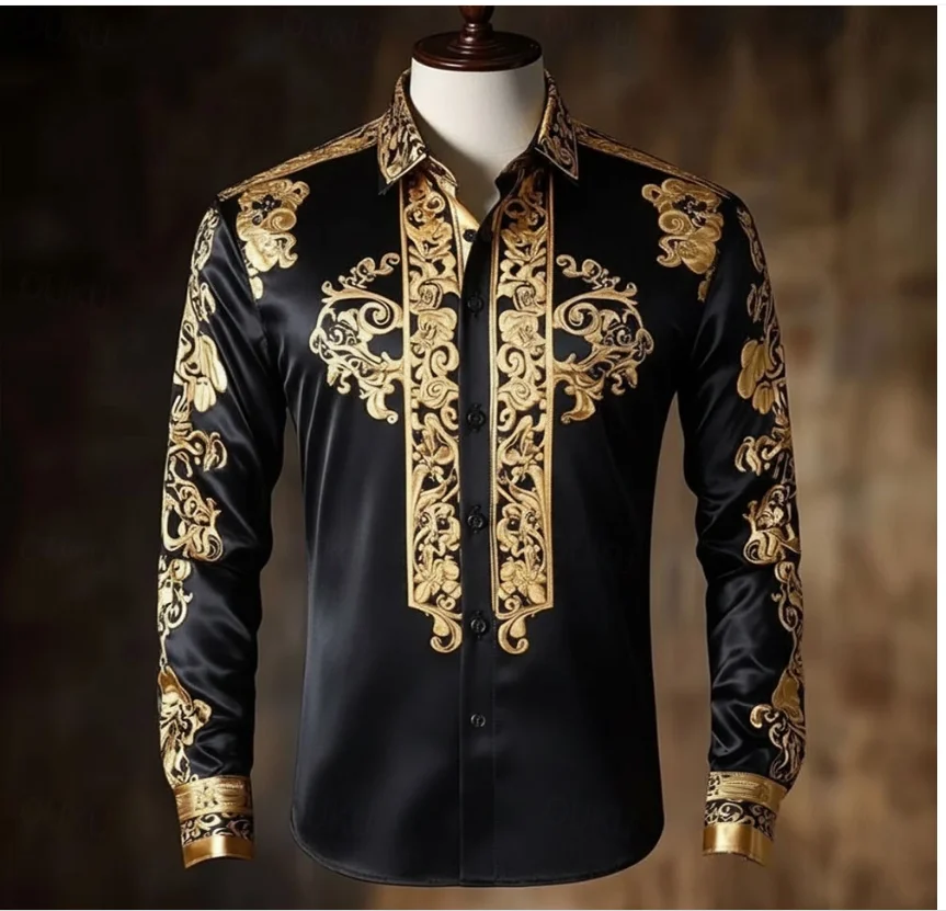 Men's printed rose shirt satin shirt long sleeved retro vacation daily spring summer autumn lapel 3D printed button up shirt