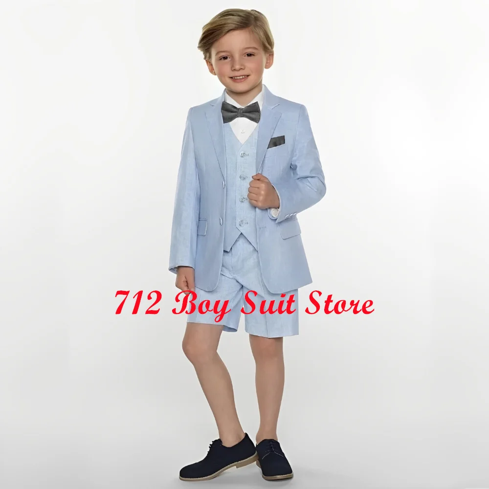 Linen Boy Suit 3 Pieces Jacket Vest Shorts Set Slim Fit Clothes Kids Tuxedo Beach Wedding Outfit