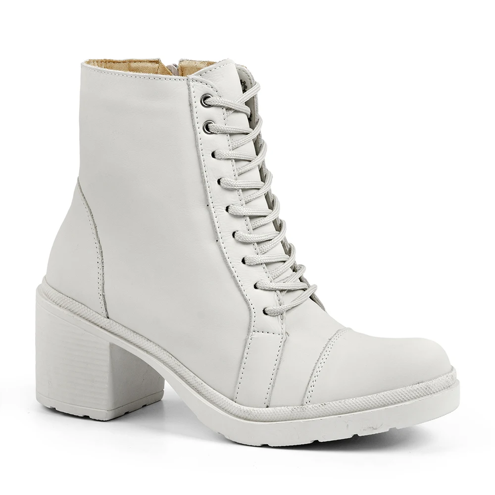 Bota Feminina Coturno Branco Off White Couro Legítimo Salto Bloco De Amarrar Cano Curto Forro de Couro