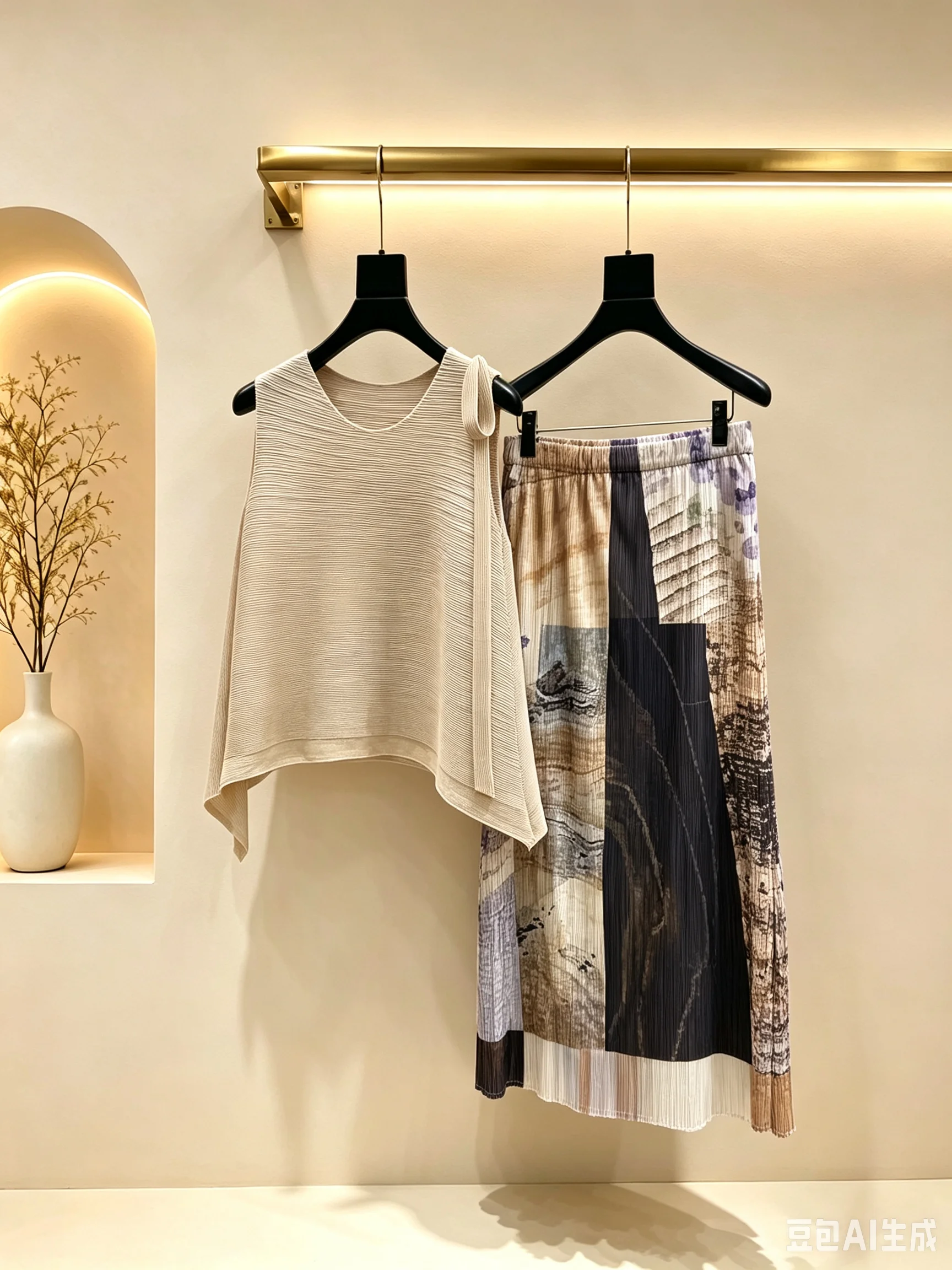 2026 Women Two Piece Coordinate Stretch Pleated Sleeveless Top Irregular Hem Geometric Art Print Elastic Waist Skirt