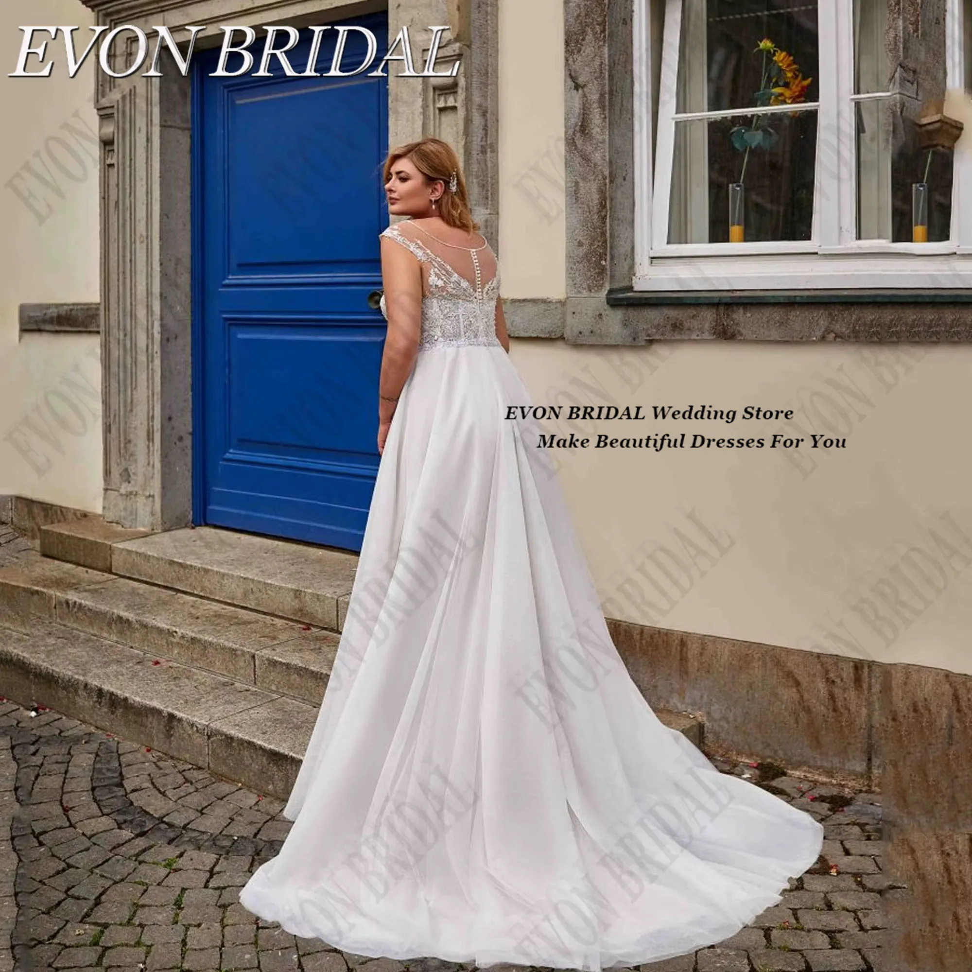 Plus Size Civil Wedding Dress For Woman Applique V-Neck Bride Gowns Cap Sleeves A-Line Robe De Mariée Customized EVON BRIDAL