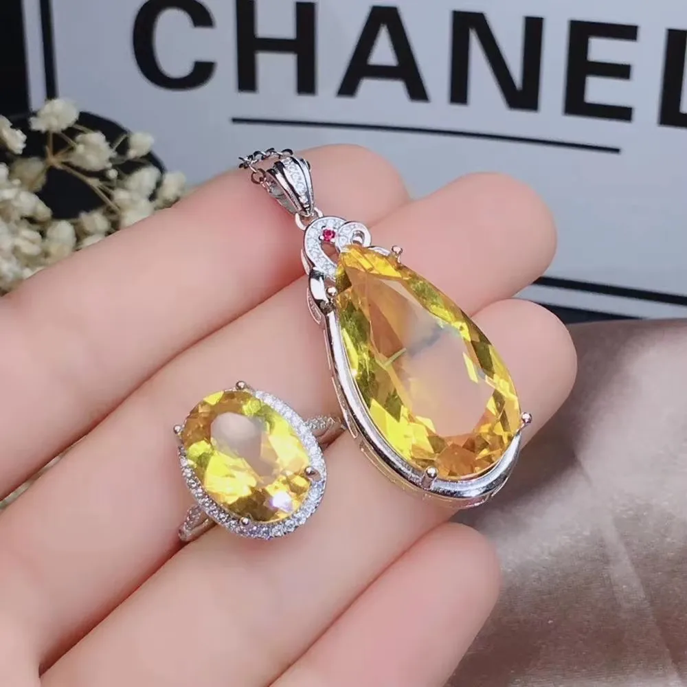 Jewelry 925 Pure Silver Natural Yellow Crystal 13x25mm Gemstone Women's Pendant Ring Set Rose Gold Extra Large Water Drop Style