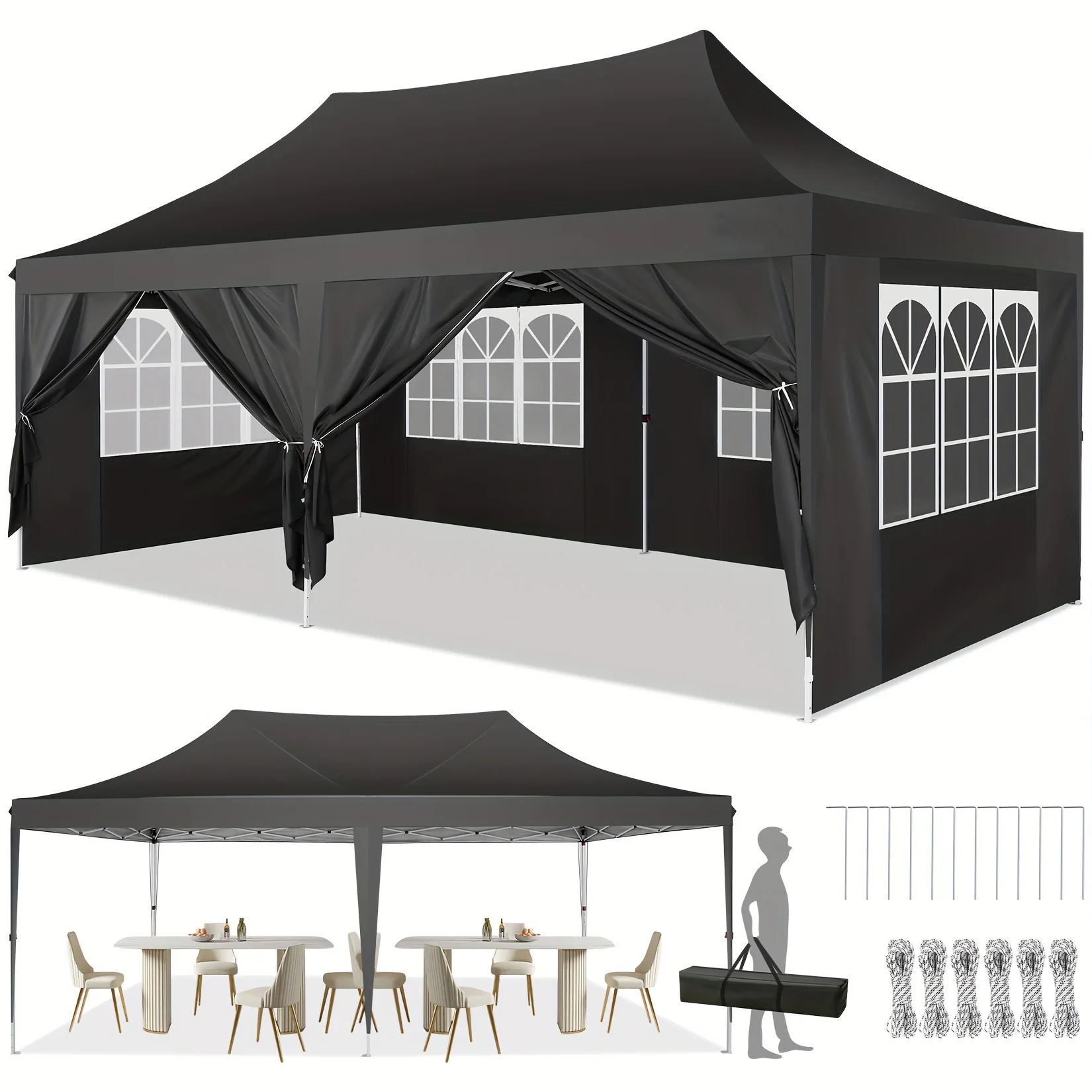 10x20ft Pop Up Canopy Gazebo With 6 Sidewall Wedding Party Outdoor Gazebos UV50+ Waterproof Tent For Parties 3 Adjustable Height
