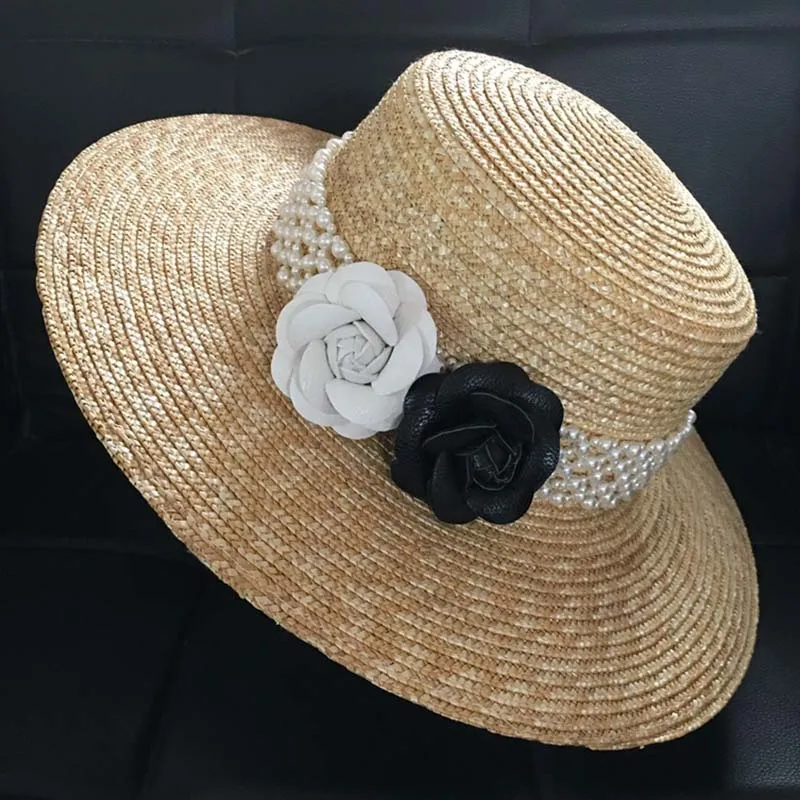 

Classical Summer White Black Flower Pearls Band Boater Straw Hats for Women Beach Sun Hat Wide Brim Fedora Cap Ladies Church Hat