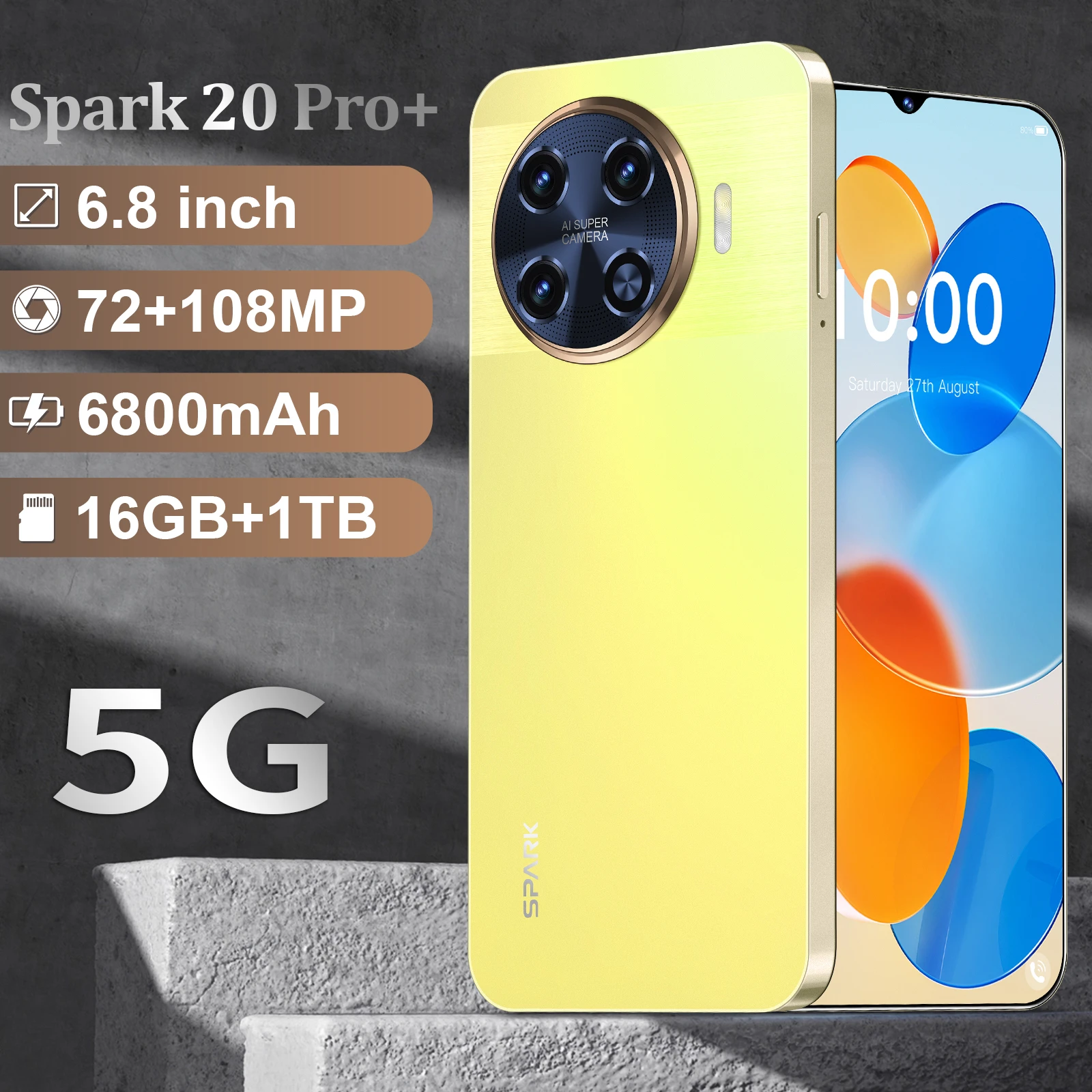 2024 NEW Spark 20 pro+ Smartphone 7.6 inch 16G+1T 72MP+108MP Android Mobile Phones Unlocked Celular 7800mAh 5G Network cellphone