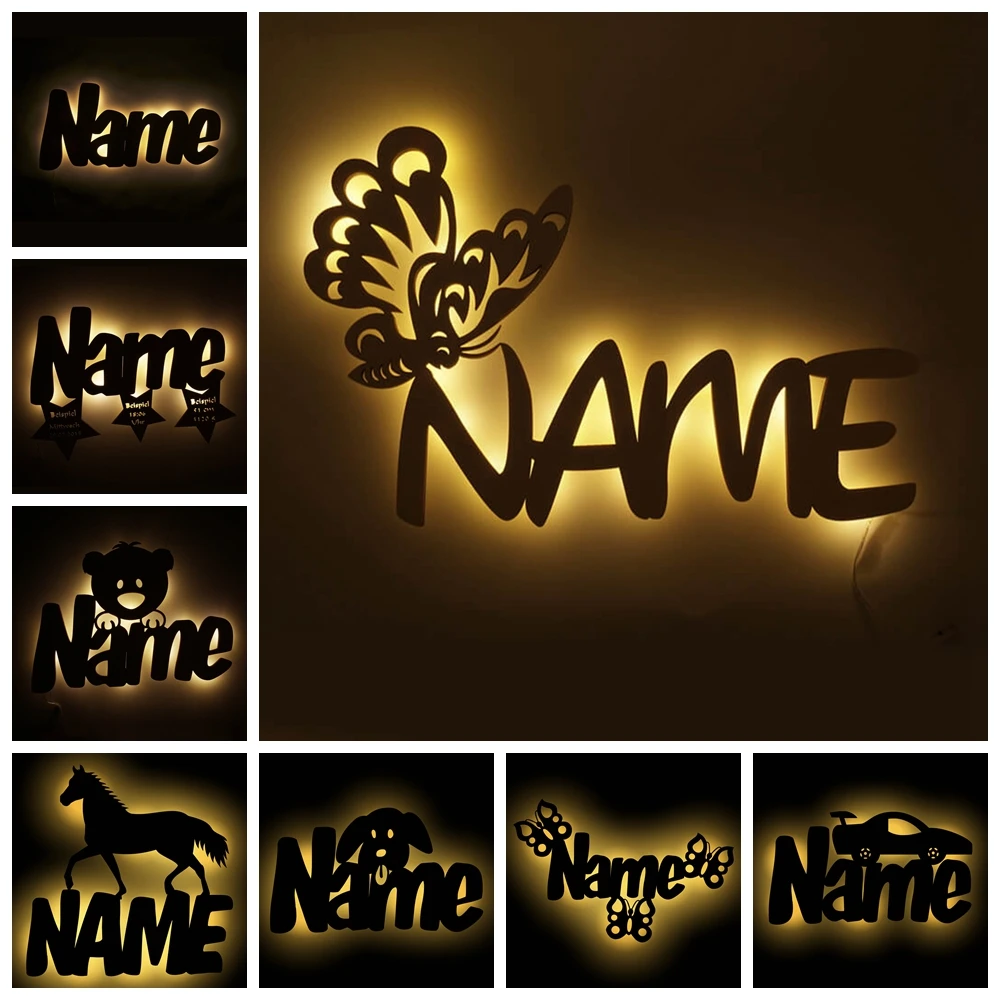 

Personalized Name Led USB Wood Wall Lamp with Butterfly/Star/Moon/Puppy/Horse/Car/Plane Night Light for Baby Kids Bedroom Decor