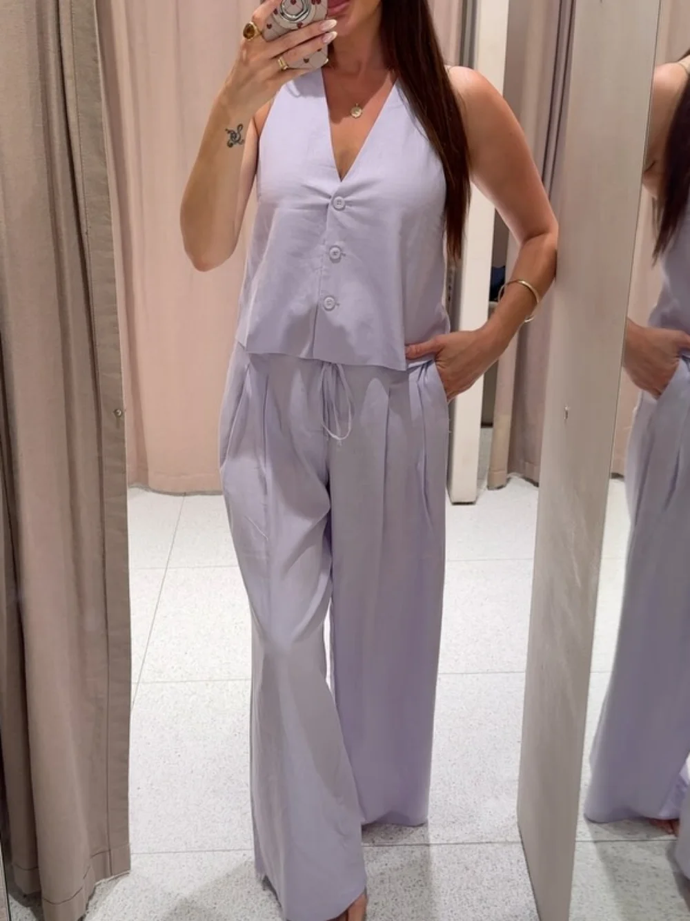 Linen Summer 2 Piece Set Women Elegant Crop Vest Waistcoat and High Waist Drawstring Pleated Wide Leg Pants Outfits Suits