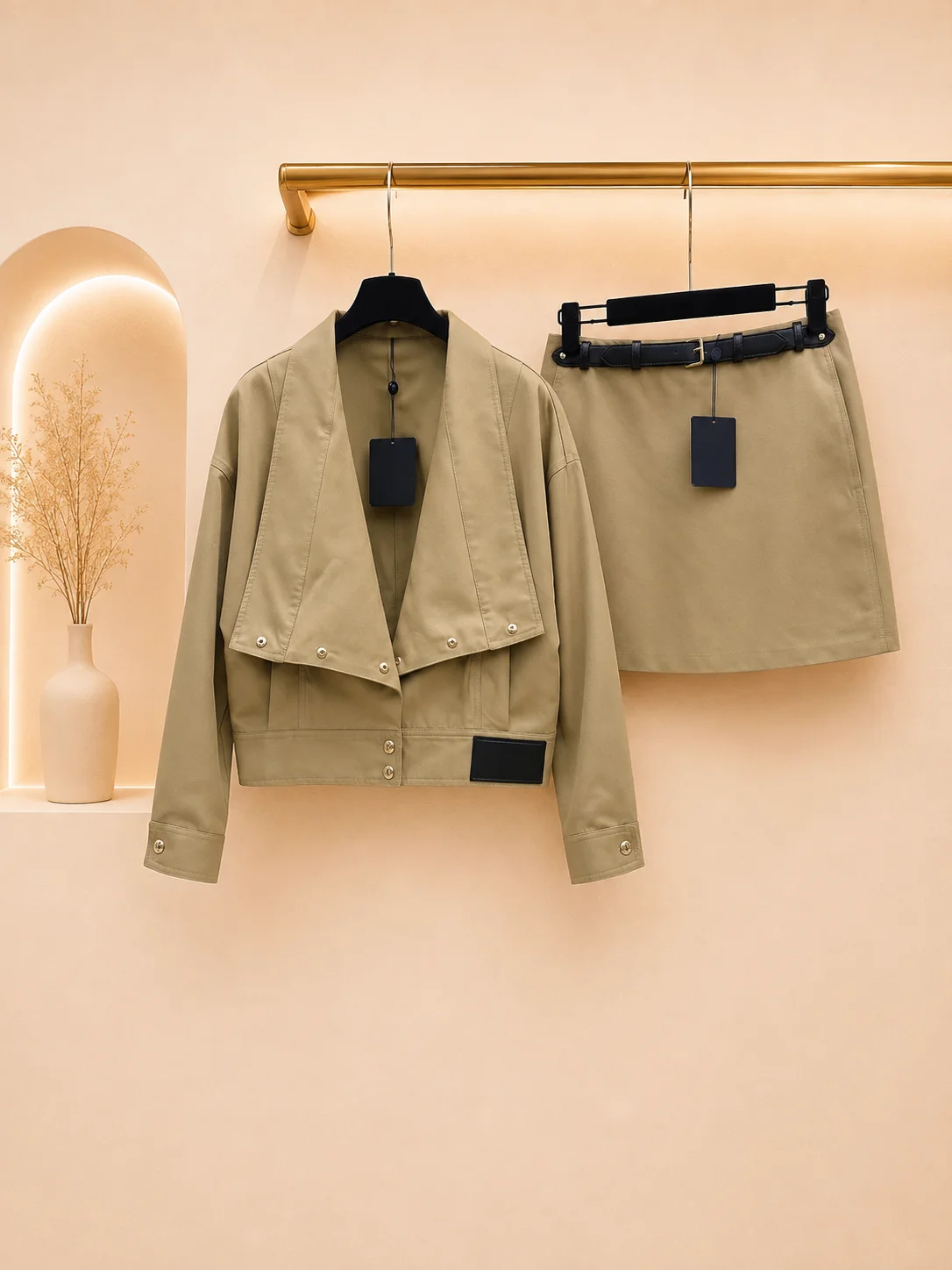 2026 Women Two Piece Khaki Cargo Suit Lapel Loose Drop Shoulder Jacket High Waist Short A Line Skirt Outfit