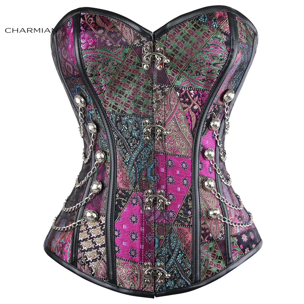 Charmian Steampunk Gothic Corsets Plus Size Women Medieval Steel Boned Brocade Overbust Corset with Chains Halloween Costume